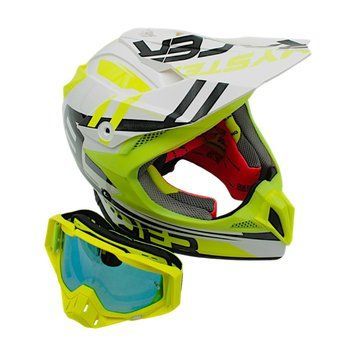 Шолом, закритий крос/ендуро М 57-58 АТV Forsage Rider 030 біло-жовтий глянець з дашком + окуляри 136-287 фото