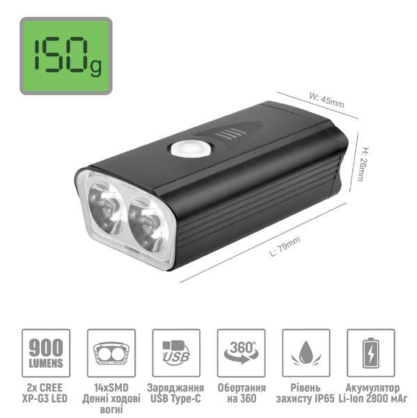 Велосипедна фара ONRIDE Wally (900 lm, 2800 mAh, Type-C), алюмінієва 6936116102009 фото