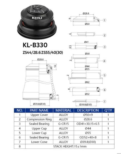 Рульова колонка безрізьбова напівінтегр. 1-1/8&rdquo;-1.5&rdquo; чорний Kenli KL-B330 з прехідником під конусний стакан для вилки (30) HSE-160 фото